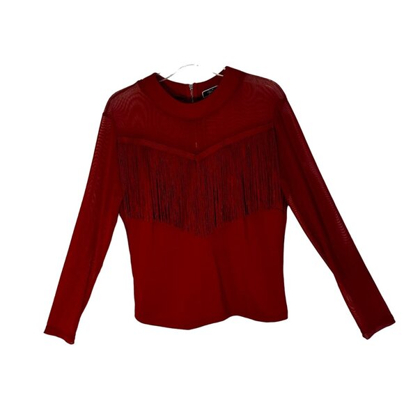 Vivid Tops - Vivid Women's Red Fringe Western Long Sleeve Top Size L Sheer Bodice and Sleeves